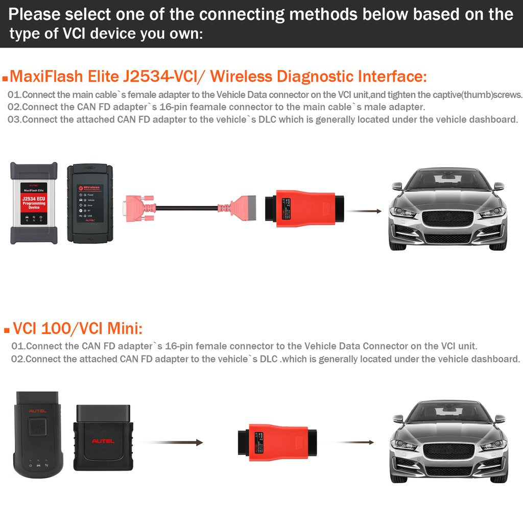 Autel CAN FD Adapter for MaxiSys Series Compatible with Autel VCI Supports CAN FD Protocol Model there are two connecting methods based on the type of VIC device you owned.