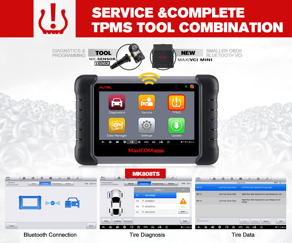 Autel MaxiCOM MK808TS OBD2 Bluetooth Scanner Car Diagnostic Scan Tool provides service and complete TPMS tool combination.
