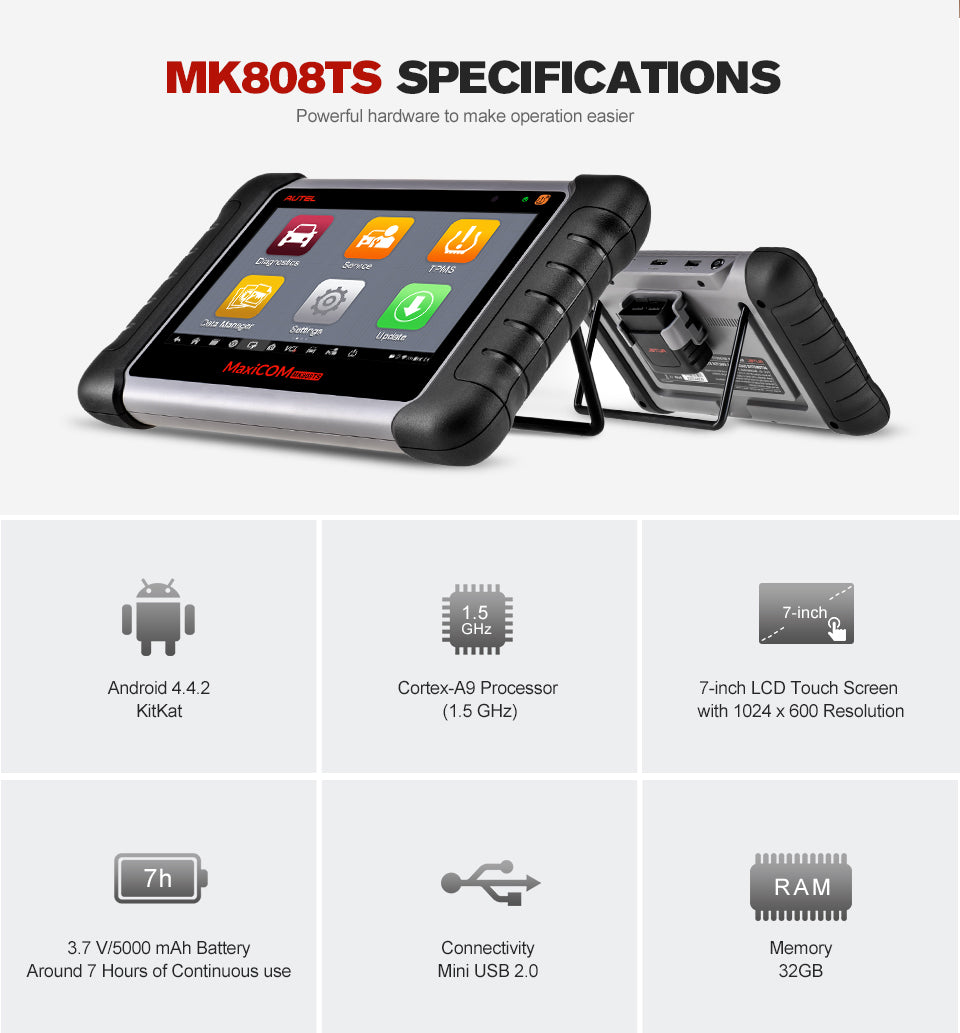 Autel MaxiCOM MK808TS OBD2 Bluetooth Scanner Car Diagnostic Scan Tool's specification.