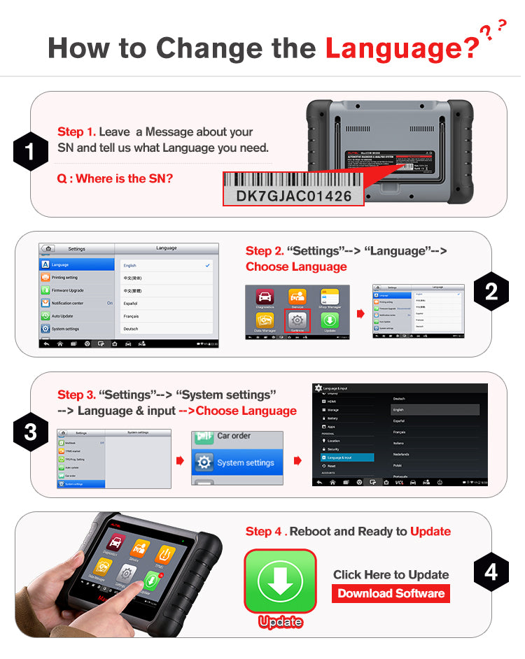 Autel MaxiCOM MK808TS OBD2 Bluetooth Scanner Car Diagnostic Scan Tool how to change the language