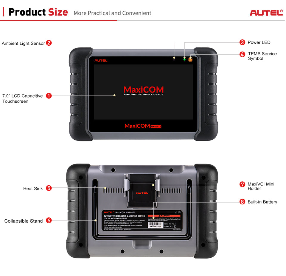 Autel MaxiCOM MK808TS OBD2 Bluetooth Scanner Car Diagnostic Scan Tool's size.