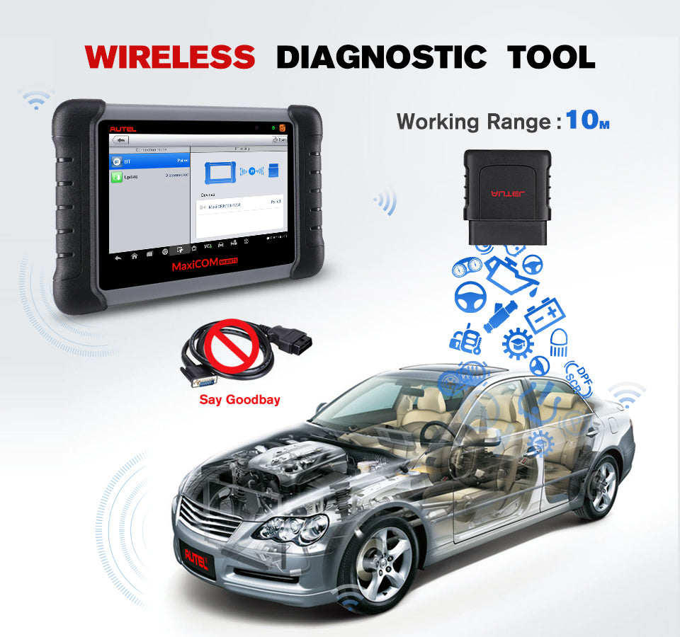 Autel MaxiCOM MK808TS OBD2 Bluetooth Scanner Car Diagnostic Scan Tool supports wireless diagnostics.