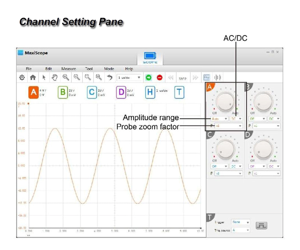 Autel MaxiScope MP408 Automotive Oscilloscope channel pane