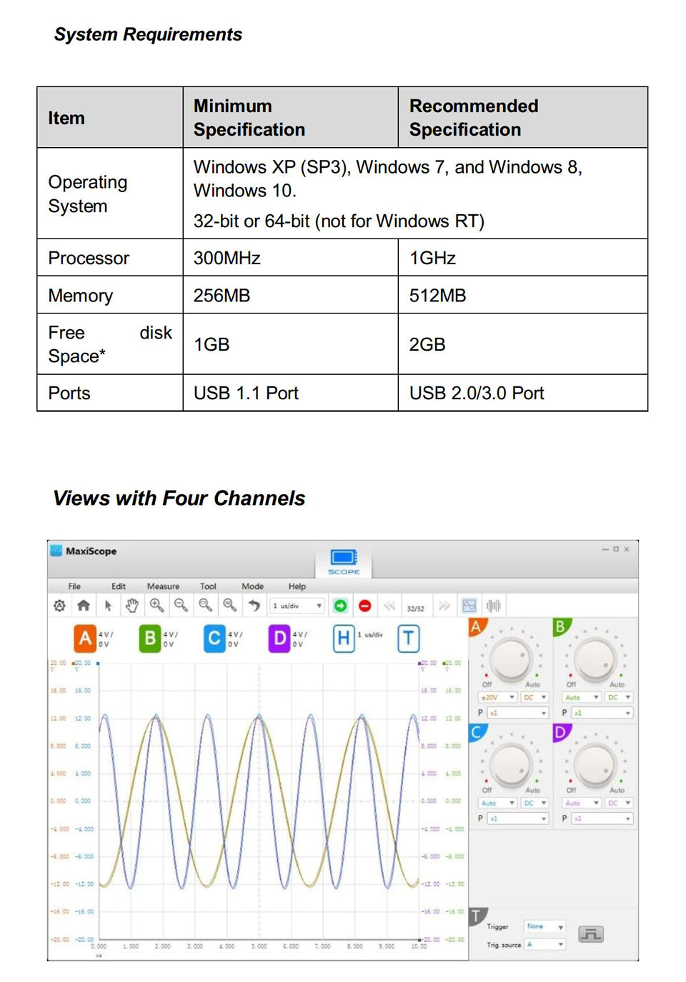 Autel MaxiScope MP408 Automotive Oscilloscope system requirements and views with 4 channels