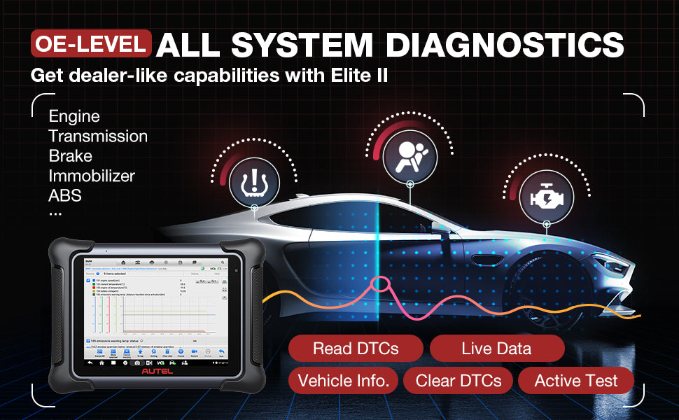 Autel Maxisys Elite II Dignostic Scan Tool OE-Level OBD2 Scanner J2534 ECU Programming supports OE-level system diagnostics and gets dealer-like capabilities with Elite II.