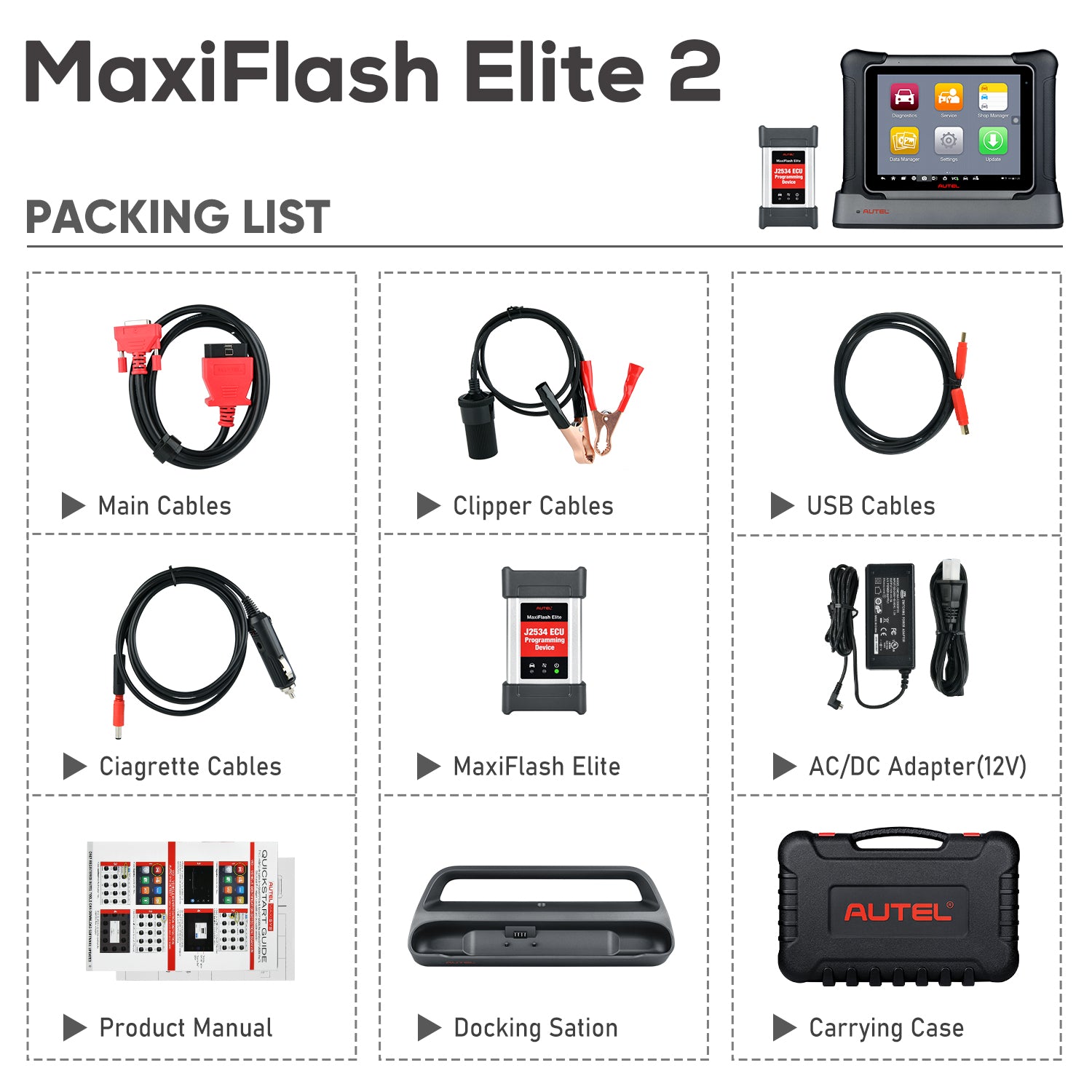 Autel Maxisys Elite II Dignostic Scan Tool OE-Level OBD2 Scanner's package contents