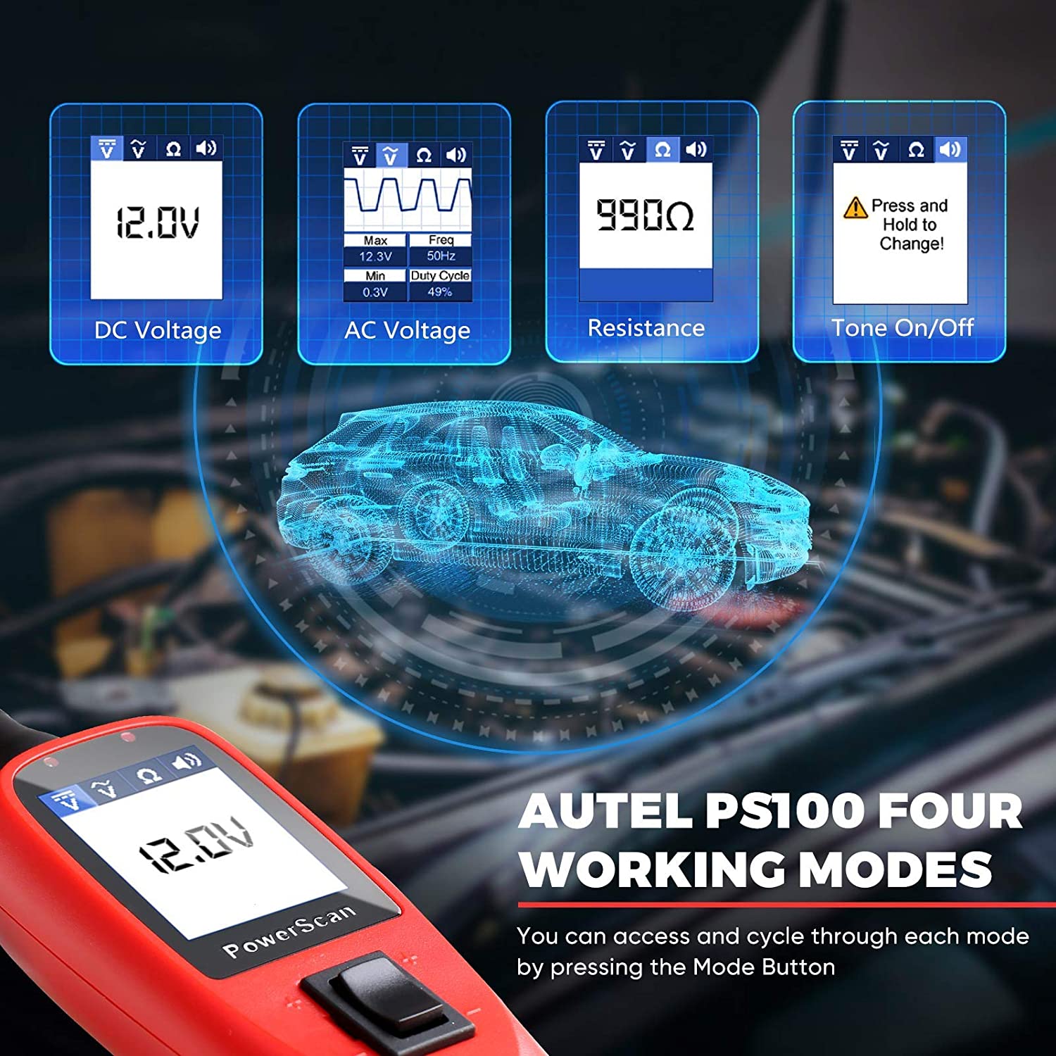 Autel PowerScan PS100 Electrical System Diagnosis Tool Car Automotive OBD2 Scanner Circuit Tester working modes