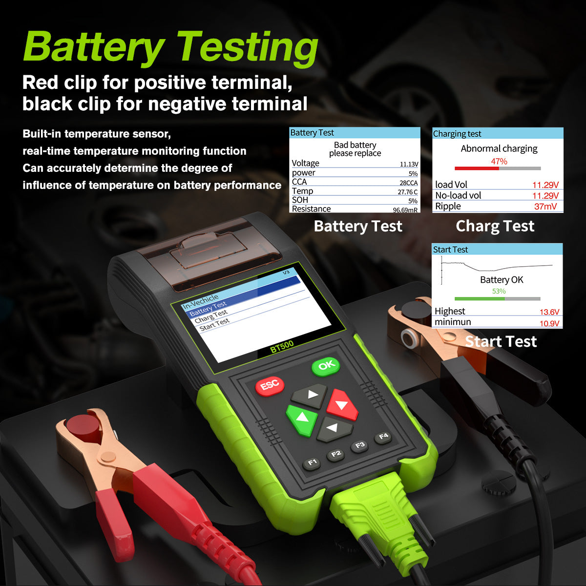 2023 New BT500 Car Battery Tester 12V 24V With Printer 20-2000CCA Battery System Detect Auto Battery Analyzer Car Battery Tools