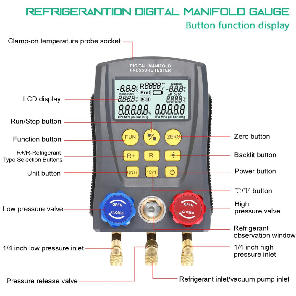 DY517 Pressure Gauge Refrigeration Digital Vacuum Pressure Manifold Tester Button Function Display