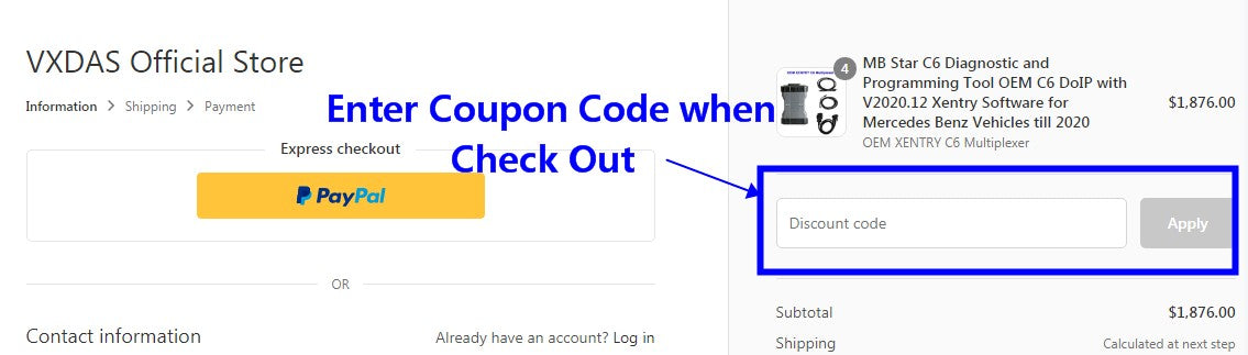 how to use VXDAS coupon 