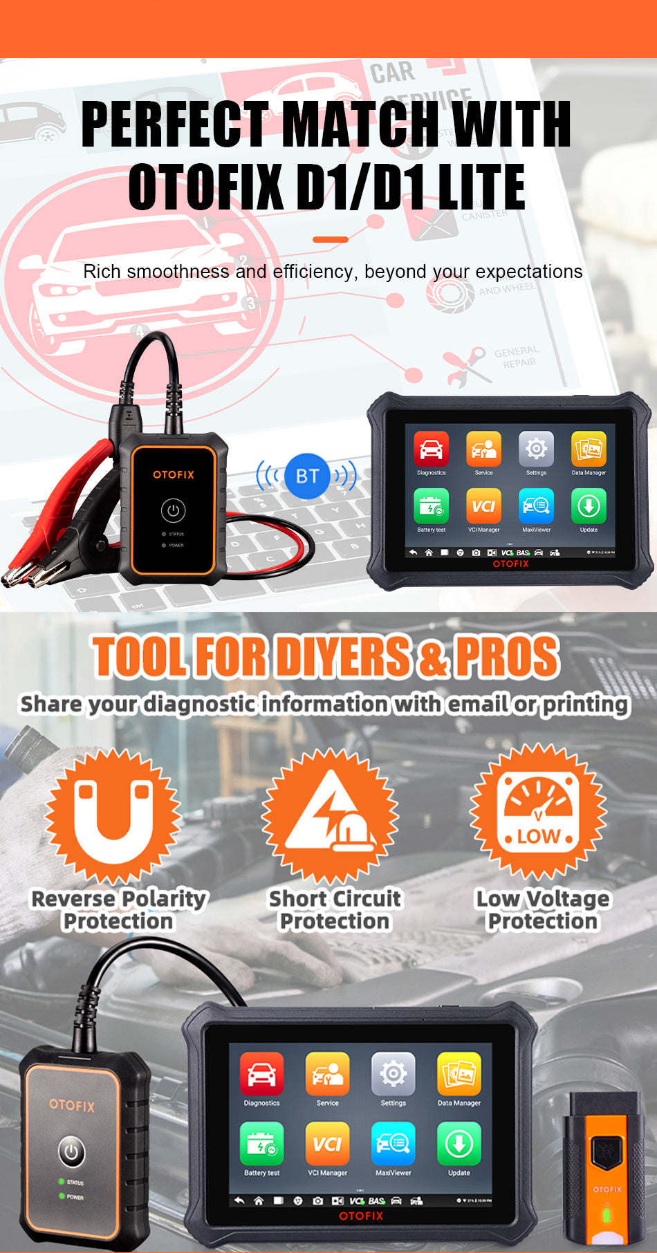 OTOFIX BT1 Lite Car Battery Analyser Auto Diagnostic Tool OBD2 Scanner Tester is perfect to matching with OTOFIX D1, D1 lite with rich smoothness and efficiency beyond your expectation.