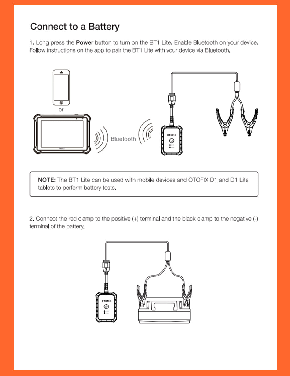 OTOFIX BT1 Lite Car Battery Analyser Auto Diagnostic Tool OBD2 Scanner Tester's gudiance of connecting to a battery