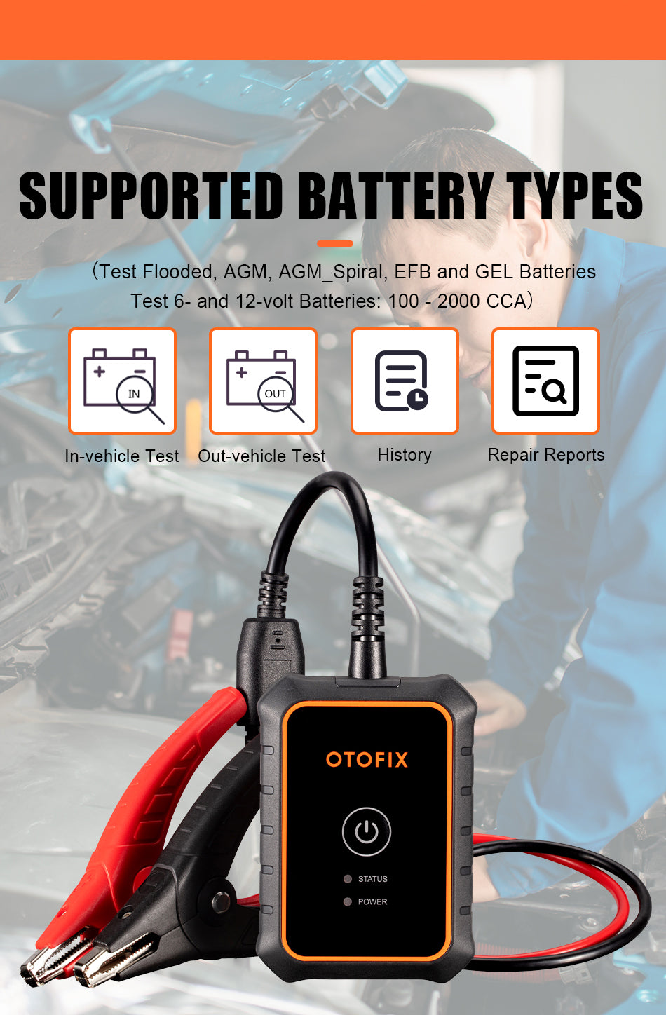 OTOFIX BT1 Lite Car Battery Analyser Auto Diagnostic Tool OBD2 Scanner Tester supported battery types.