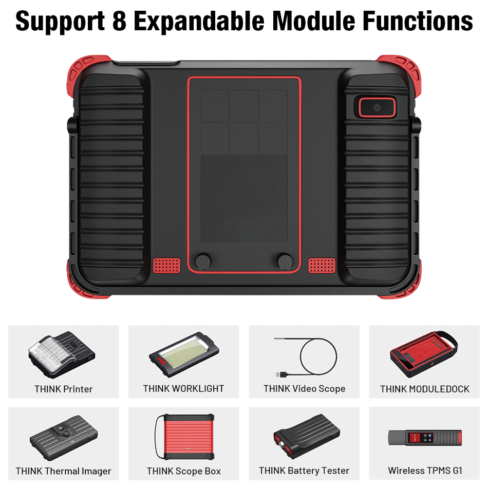ThinkCar THINKTOOL PRO supports 8 Modular expansion :  Thinkprinter , Think work lingt , Think Videoscope , Think TPMS G1, Think battery tester, Think scope box, Think thermal imager, Think moudledock they are need subscibe seperate ( can contact us to order them or buy directly in Thinkstore directly )