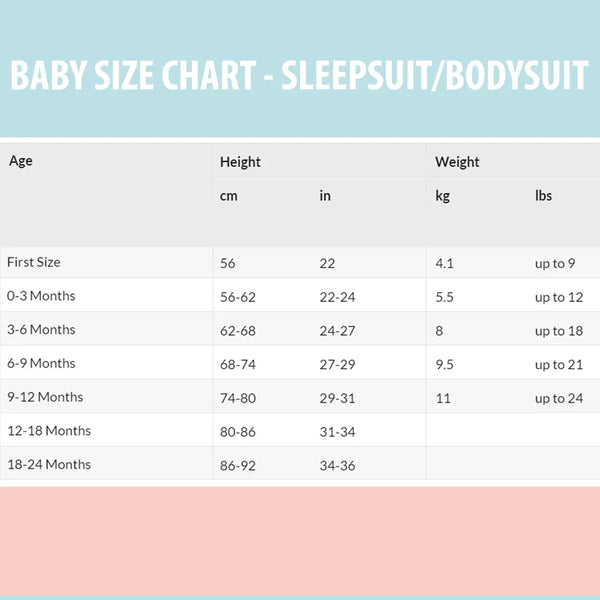 Baby sleepsuits Size Chart Luss Wonderland