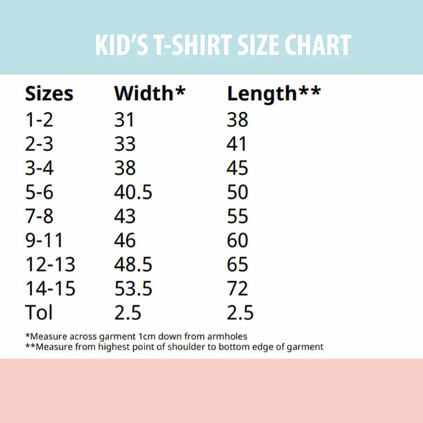 Kid's T-shirt Size Chart Luss Wonderland