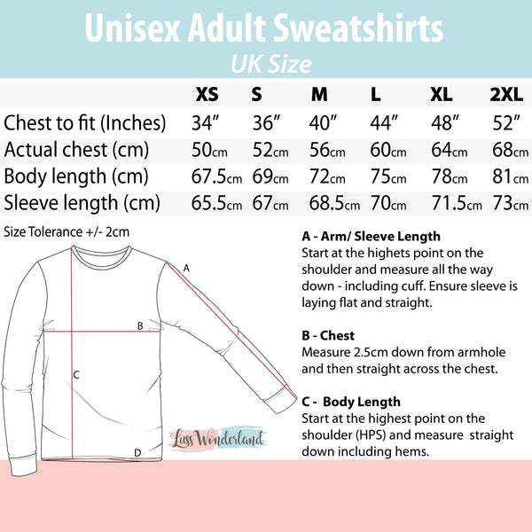 Unisex sweatshirt size chart Luss Wonderland