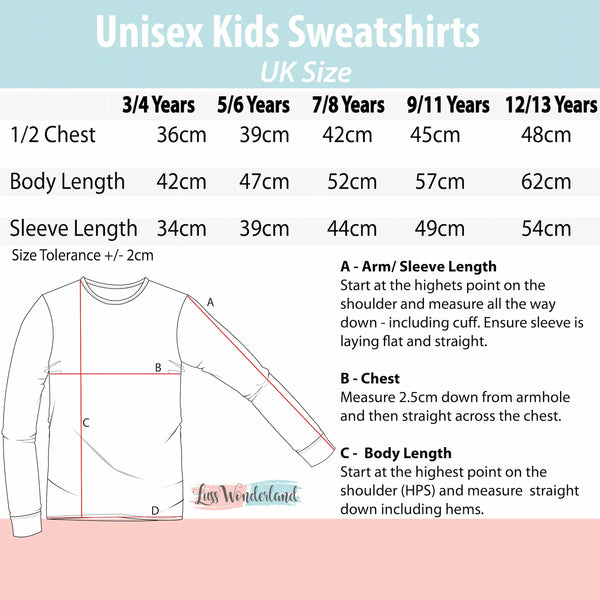 Unisex Children Sweatshirt Size Chart Luss Wonderland