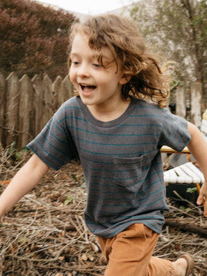 Image of Kids Stripe Pocket Tee in Charcoal Ocean Stripe