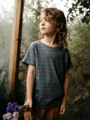 Image of Kids Stripe Pocket Tee in Charcoal Ocean Stripe