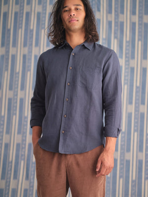 Image of One Pocket Shirt in Navy Linen