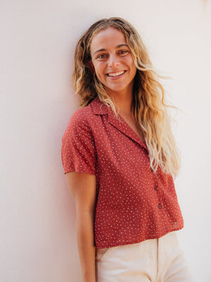 Image of Womens Aloha Shirt in Cherry Seeing Dots