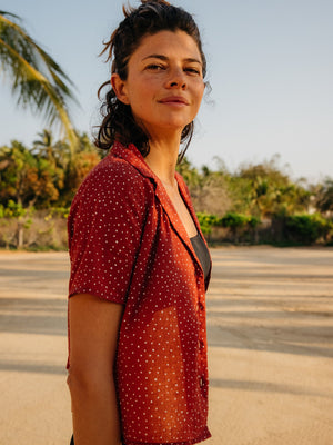 Image of Womens Aloha Shirt in Cherry Seeing Dots