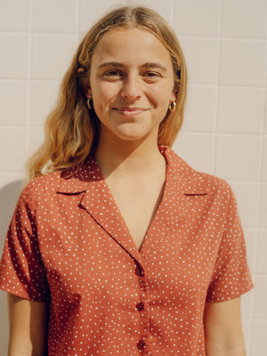 Image of Womens Aloha Shirt in Cherry Seeing Dots