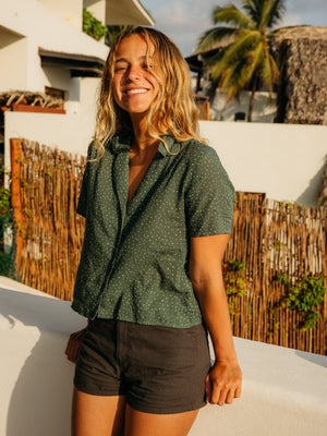 Image of Womens Aloha Shirt in Sequoia Seeing Dots