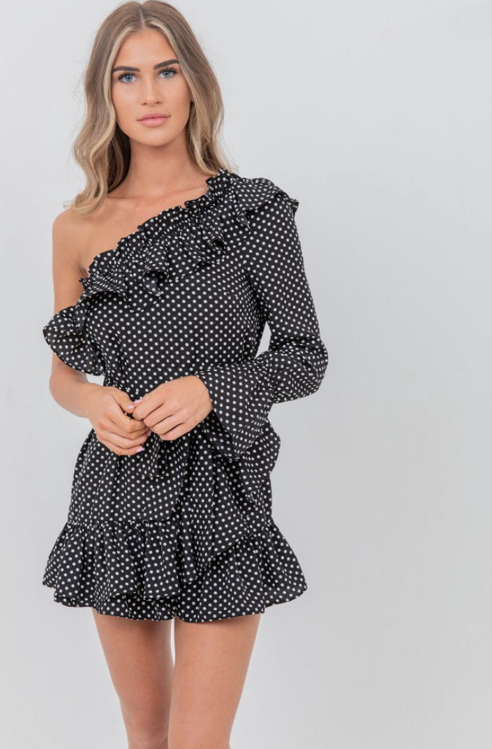 Francesca Black Polka Dot One Shoulder Frill Dress
