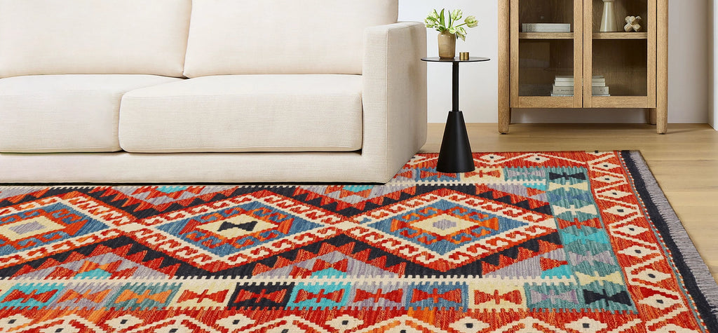 hand loomed kilim rug diamond geometric pattern colourful design