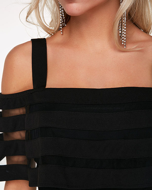 black overlay embellished strappy cold shoulder jumpsuit