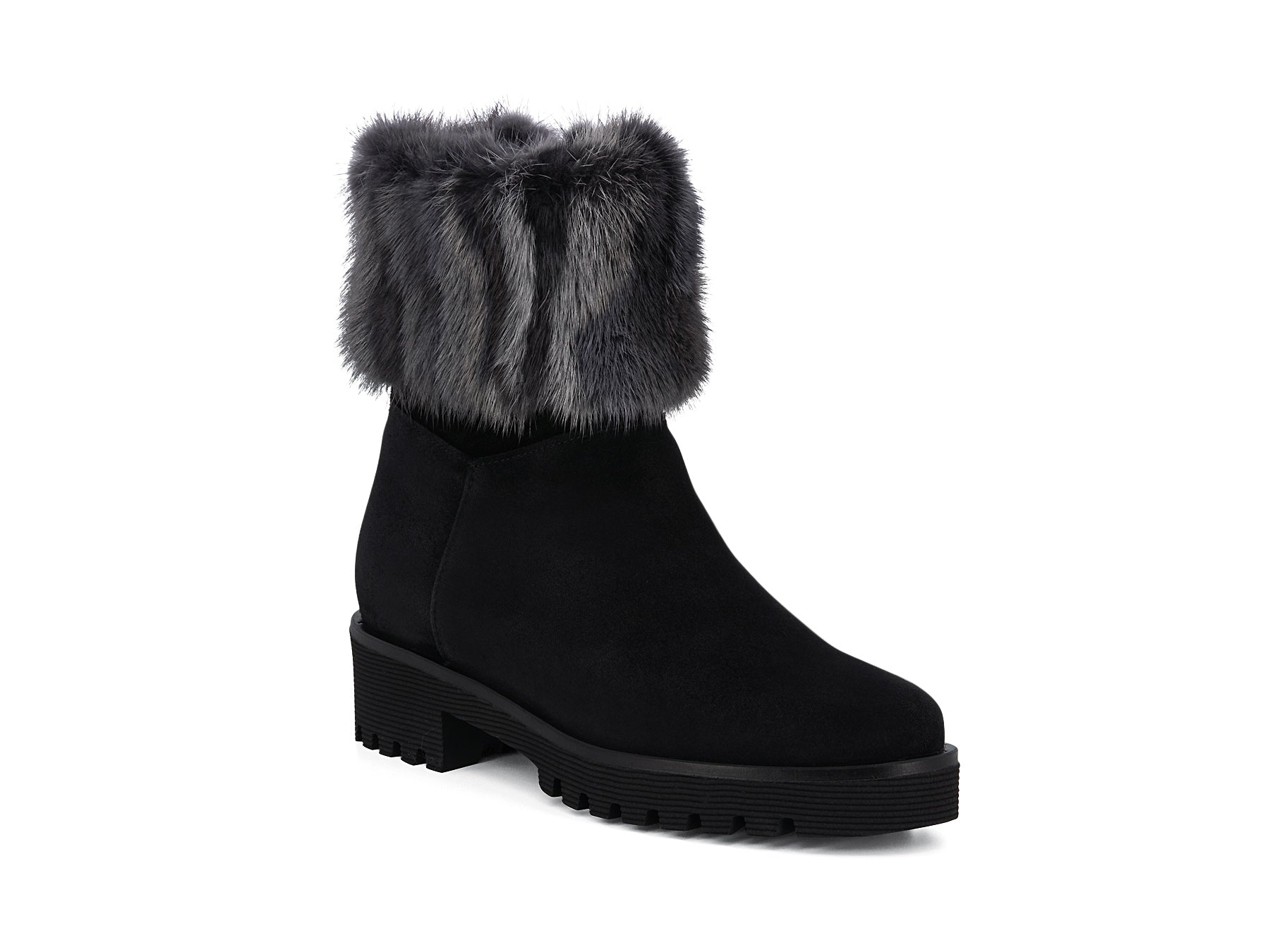 Grey boots store with fur trim