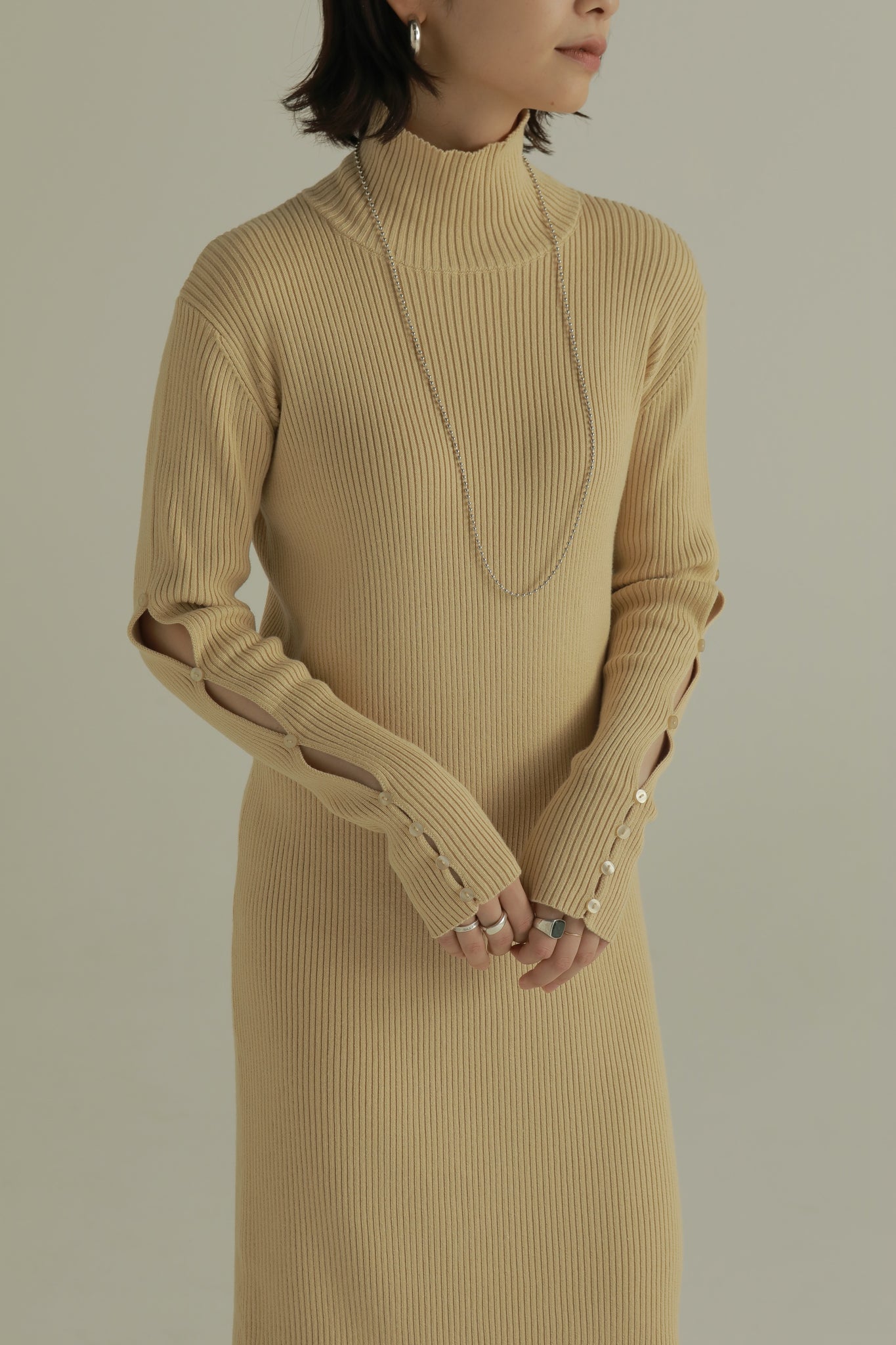 louren cut sleeve turtle knit dress390cm - ロングワンピース