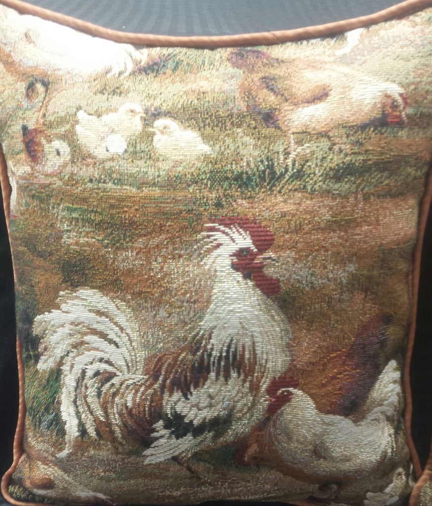 Rooster Family Tapestry Pillow - Hobby Hill Farm