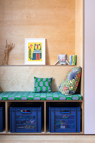 Colourful seating with storage bins