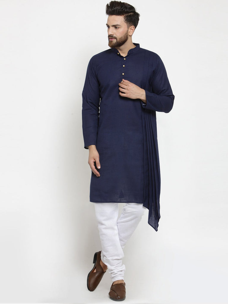 Navy Blue Kurta With Churidar Pajama Set in Linen For Men by Treemoda ...