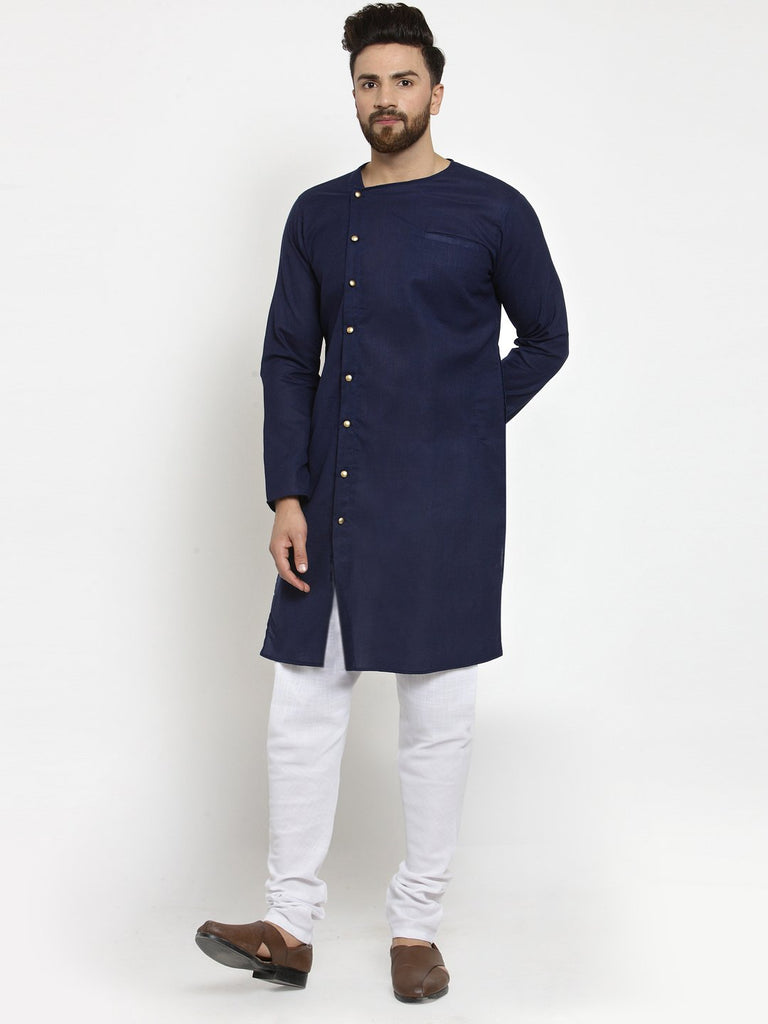Navy Blue Kurta With Churidar Pajama Set in Linen For Men by Treemoda ...