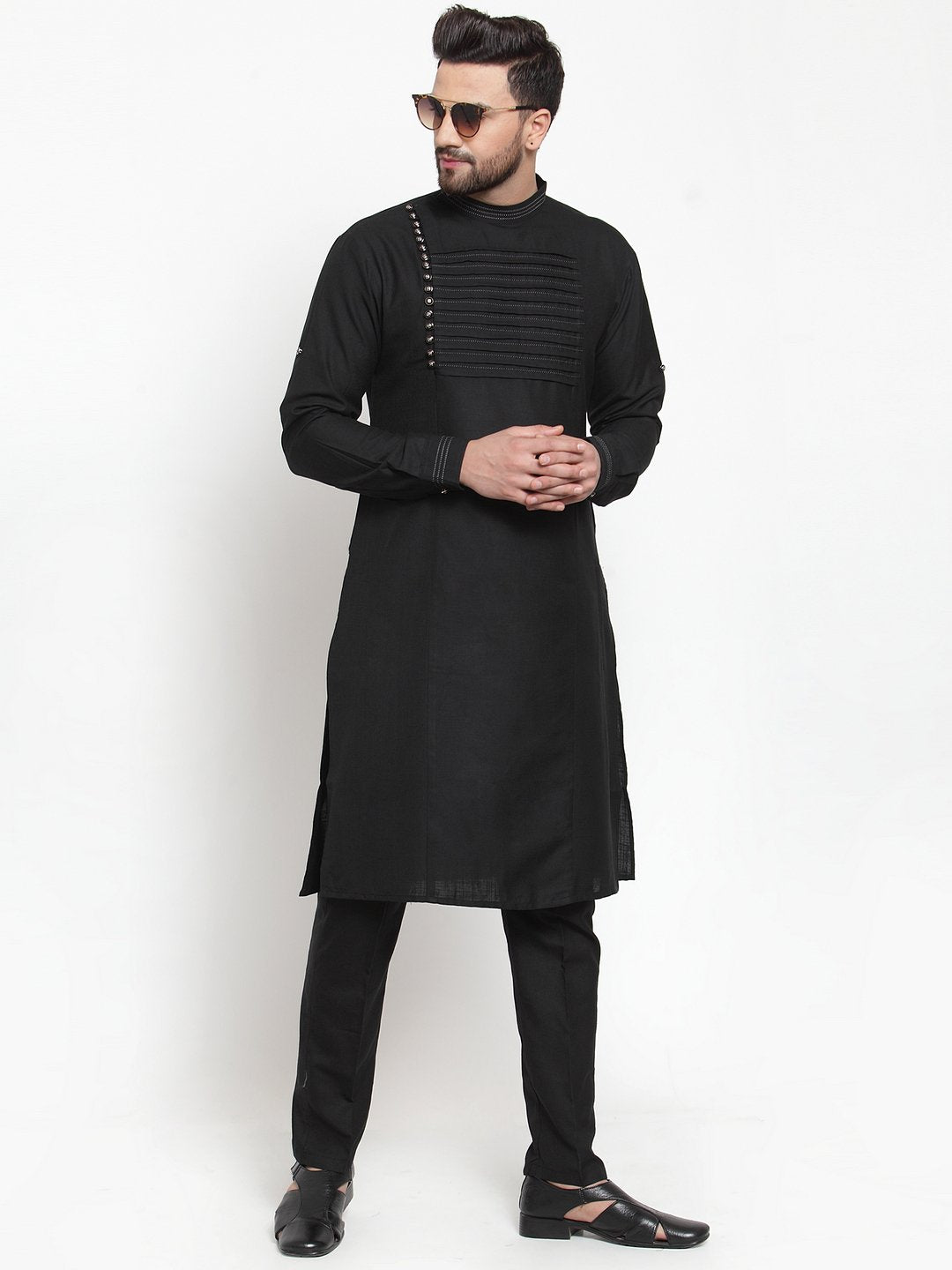 Designer Black Kurta With Aligarh Pajama Set in Linen For Men by Treem ...