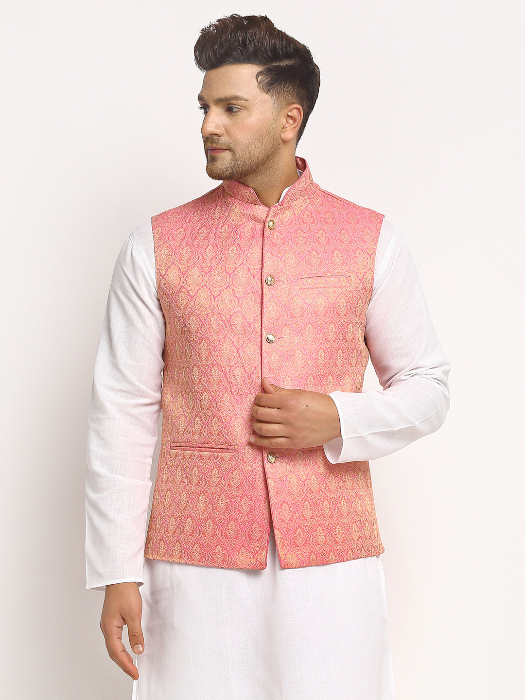 New Designer Men Pink Brocade Nehru Jacket With Golden Work By Treemod ...