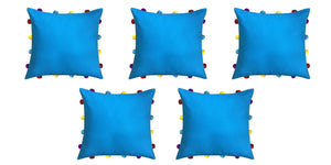 Lushomes Blue Sofa Cushion Cover Online with Colorful Pom Pom (Pack of 5 Pcs, 14 x 14 inches) - Lushomes