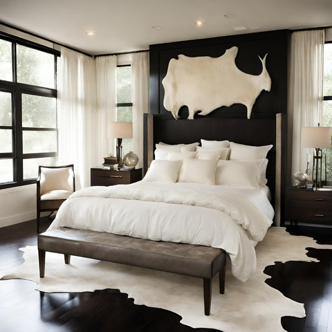 cowhide rug in modern bedroom - cowhide rugs are classic - human + ai