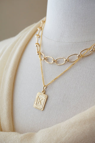 Gold layered necklace with chunky short layer and initial necklace for the long layer