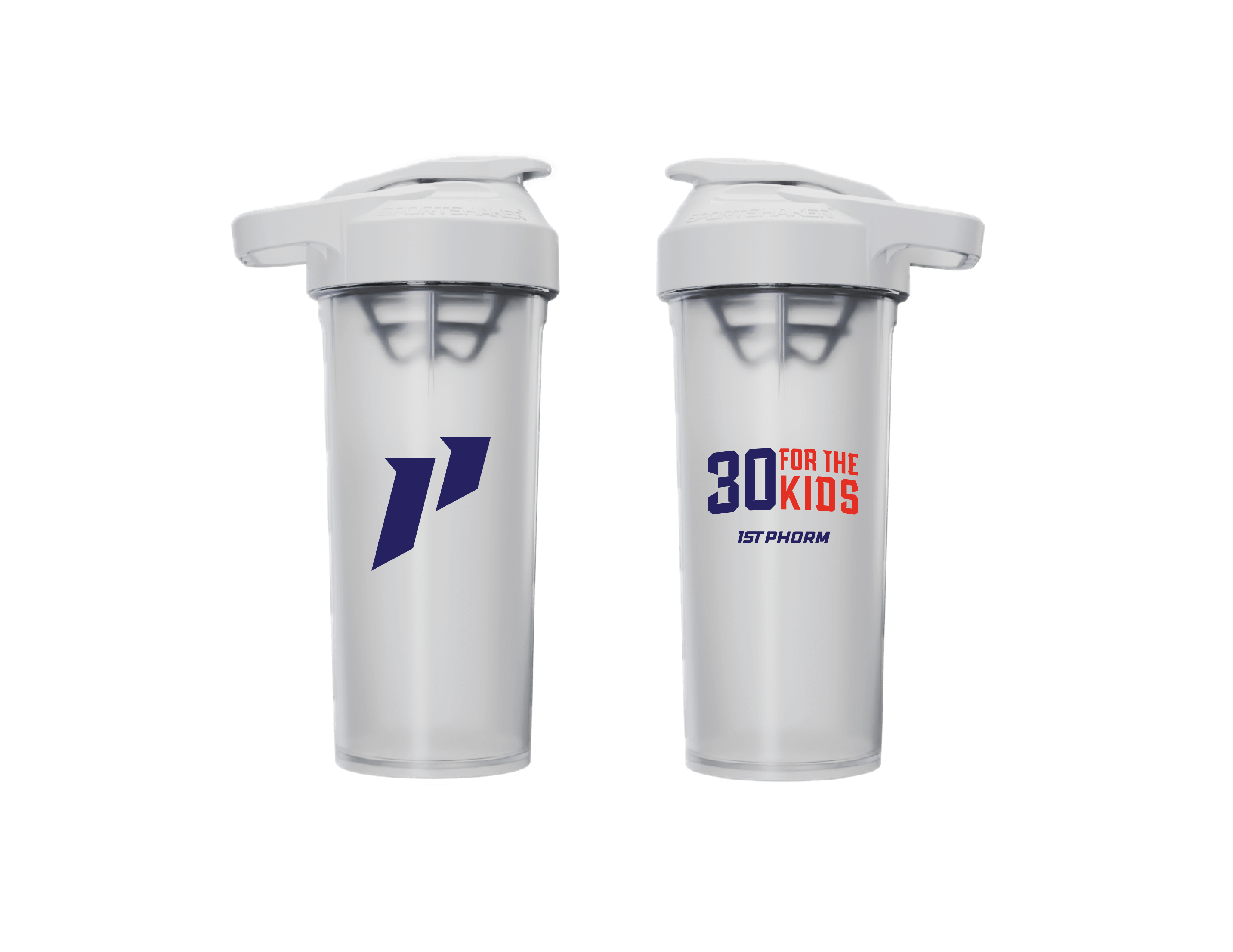 Two white protein shaker bottles with logos on a black background.