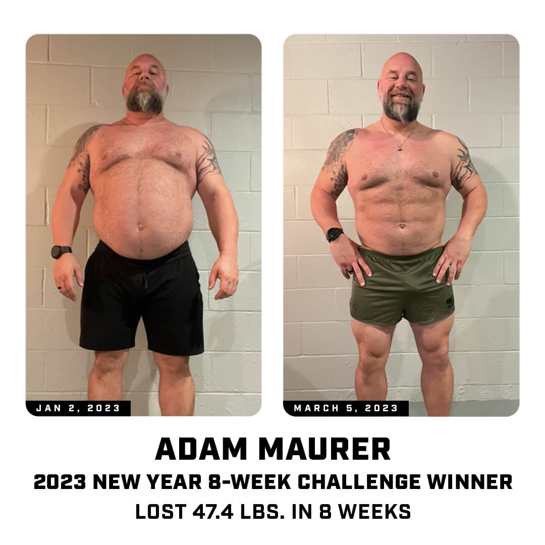 Man's successful body transformation over 8 weeks, including weight loss from January to March.