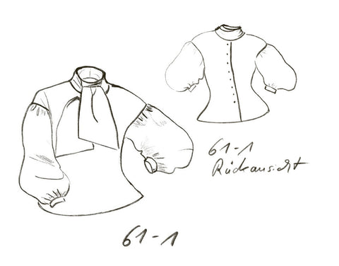 Technical drawing of blouse with bow tie and back buttons