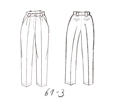 Technical drawing for very wide business pants with 2 welt pockets and pleats. DIY sewing pattern