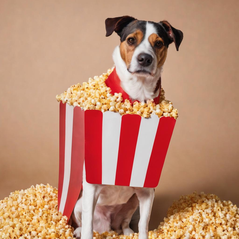 Brown and white dog wearing red and white popcorn box outfit, surrounded by popcorn