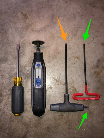 Image of large flat head screwdriver, a dremel tool, and two hex keys, one with an orange arrow point to the ball head. There are two other green arrows pointing to flat heads