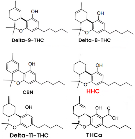 Chart of 6 molecules, showing HHC, several THCs and THCa